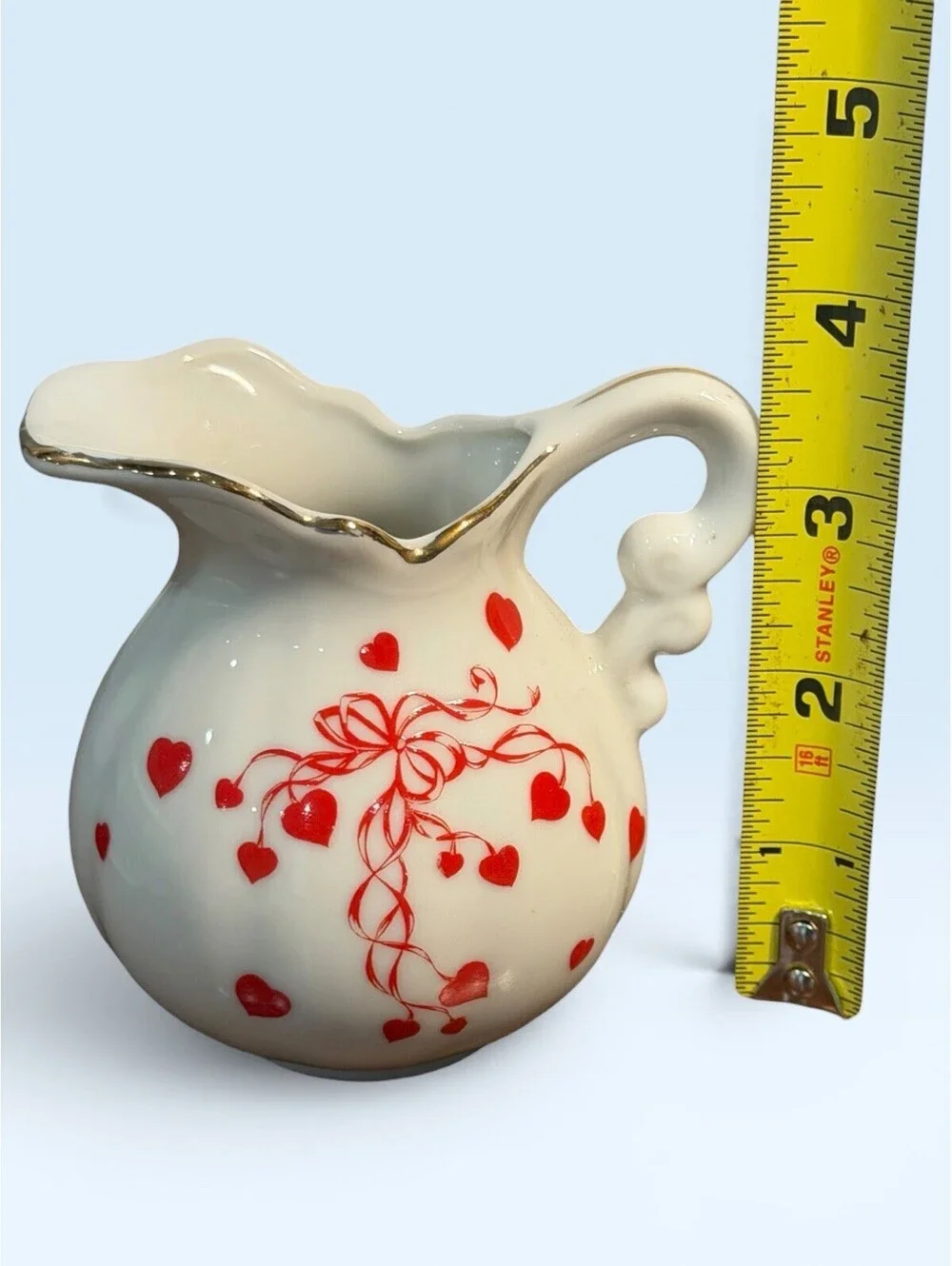 Vintage Lefton China Red Heart Mini Pitcher Red Hearts And Ribbons Design